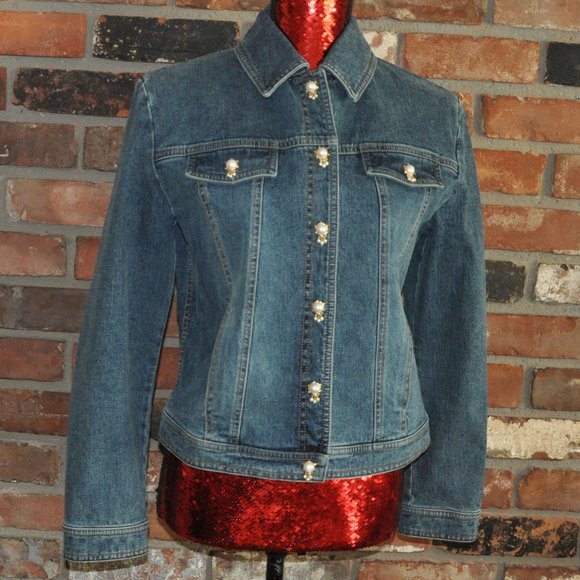 ST.JOHN SPORT by Marie Gray Denim Jean Jacket Pearl & GOLD Snap Buttons Sz- P - Picture 1 of 7